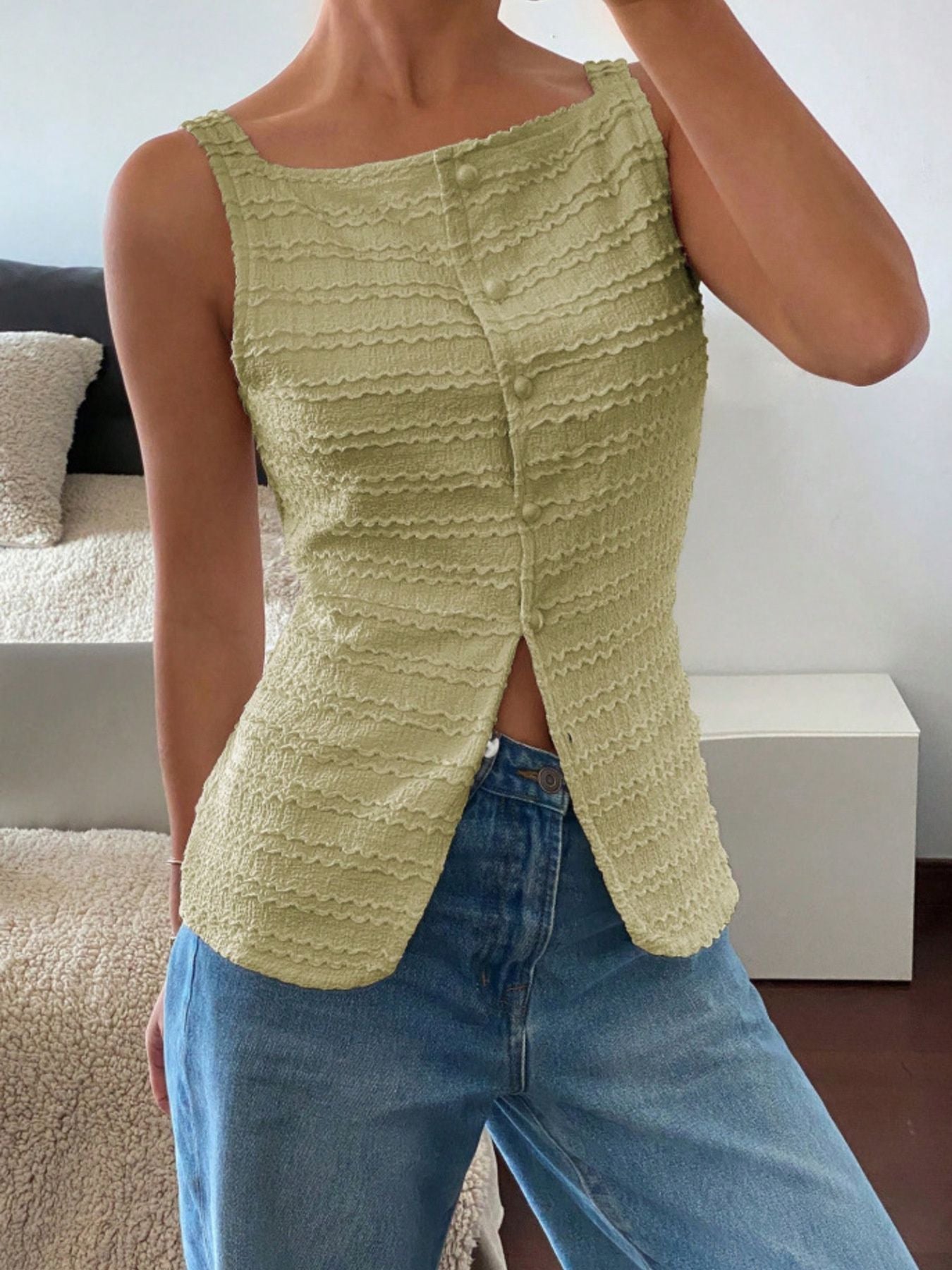 Textured Button-Front Tank