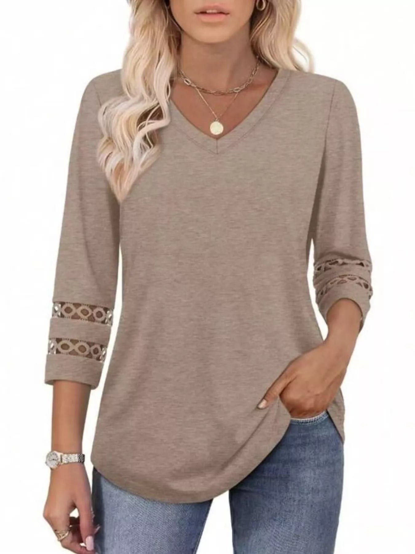 Full Size V-Neck 3/4 Sleeve T-Shirt Plus Size