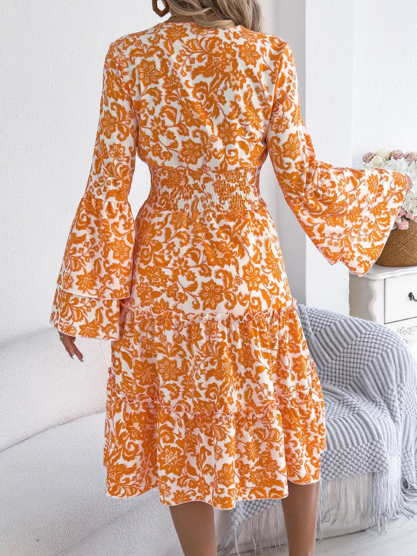 Floral Print Smocked Ruffle Hem Flared Sleeve Dress