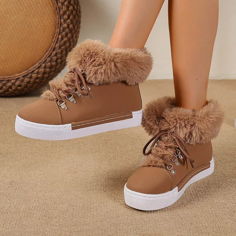 Fuzzy Trim Lace-Up Ankle Boots