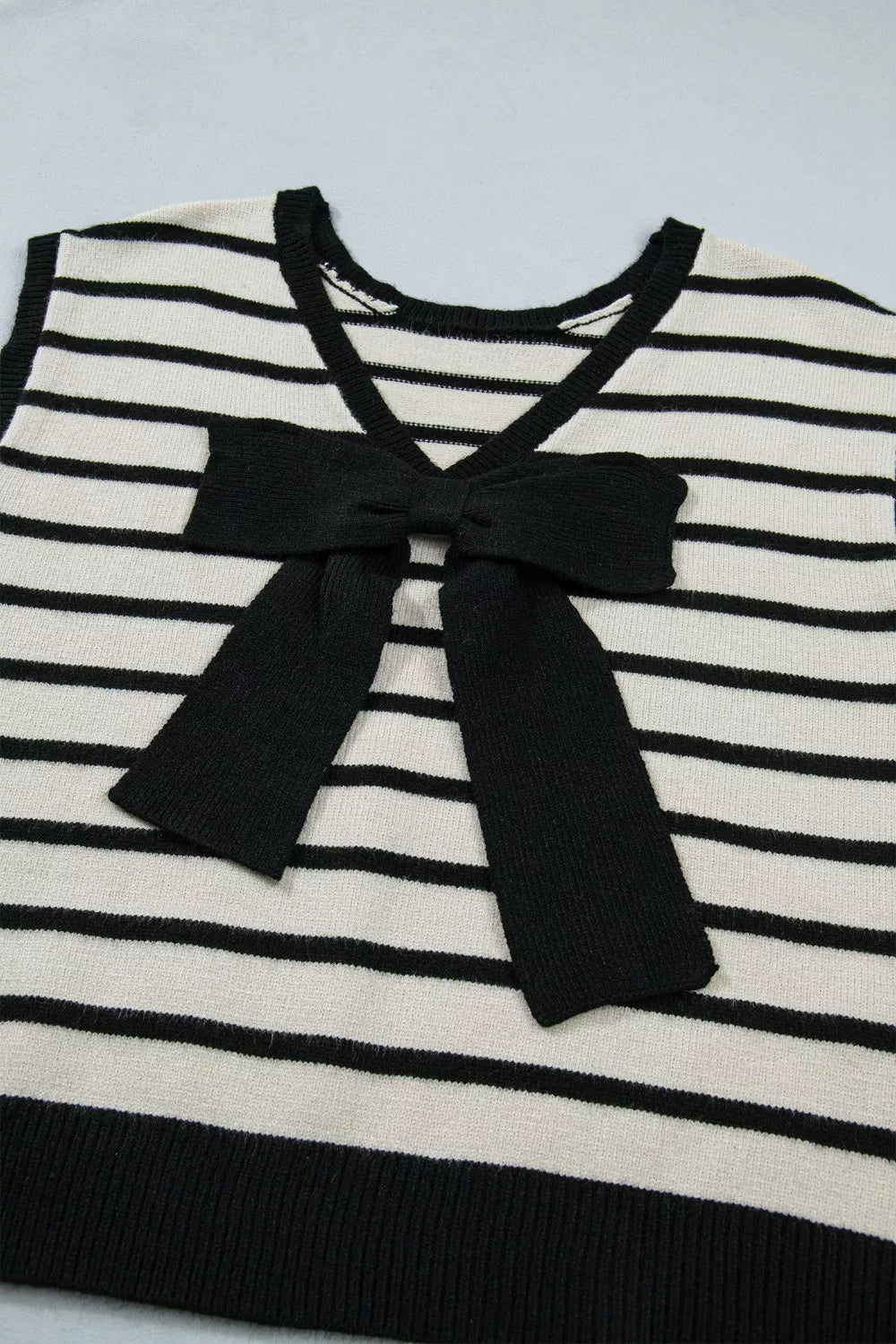 Stripe Bow Applique Short Sleeve Sweater