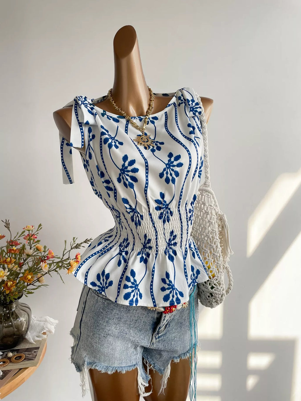 Smocked Tie Shoulder Blouse