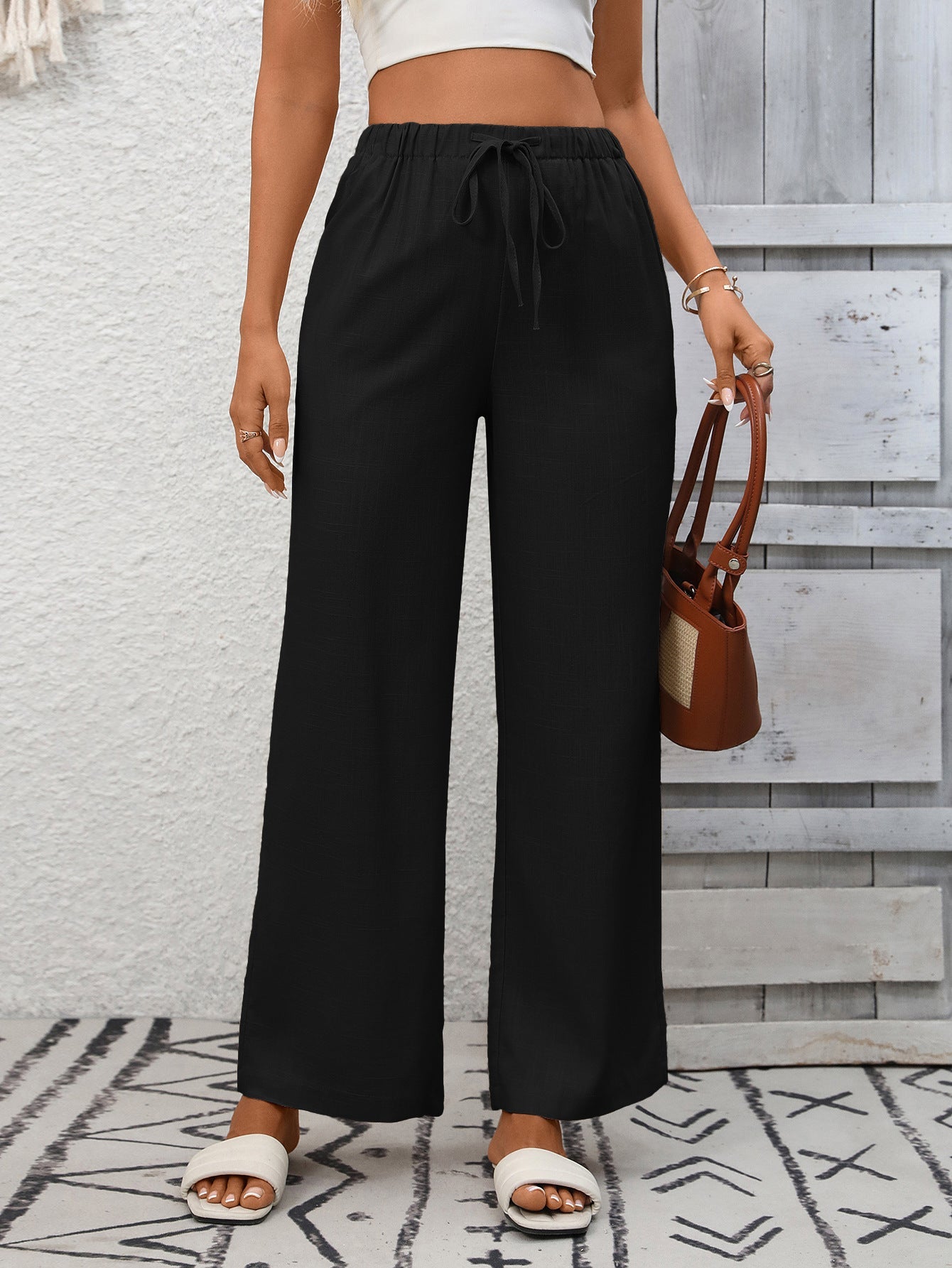 Drawstring High Waist Wide Leg Pants