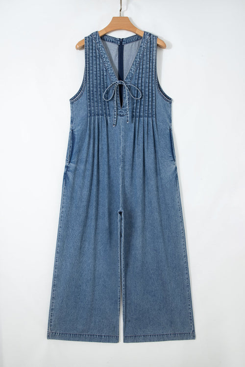 Acid Wash Denim Pleated Tie V-Neck Jumpsuit