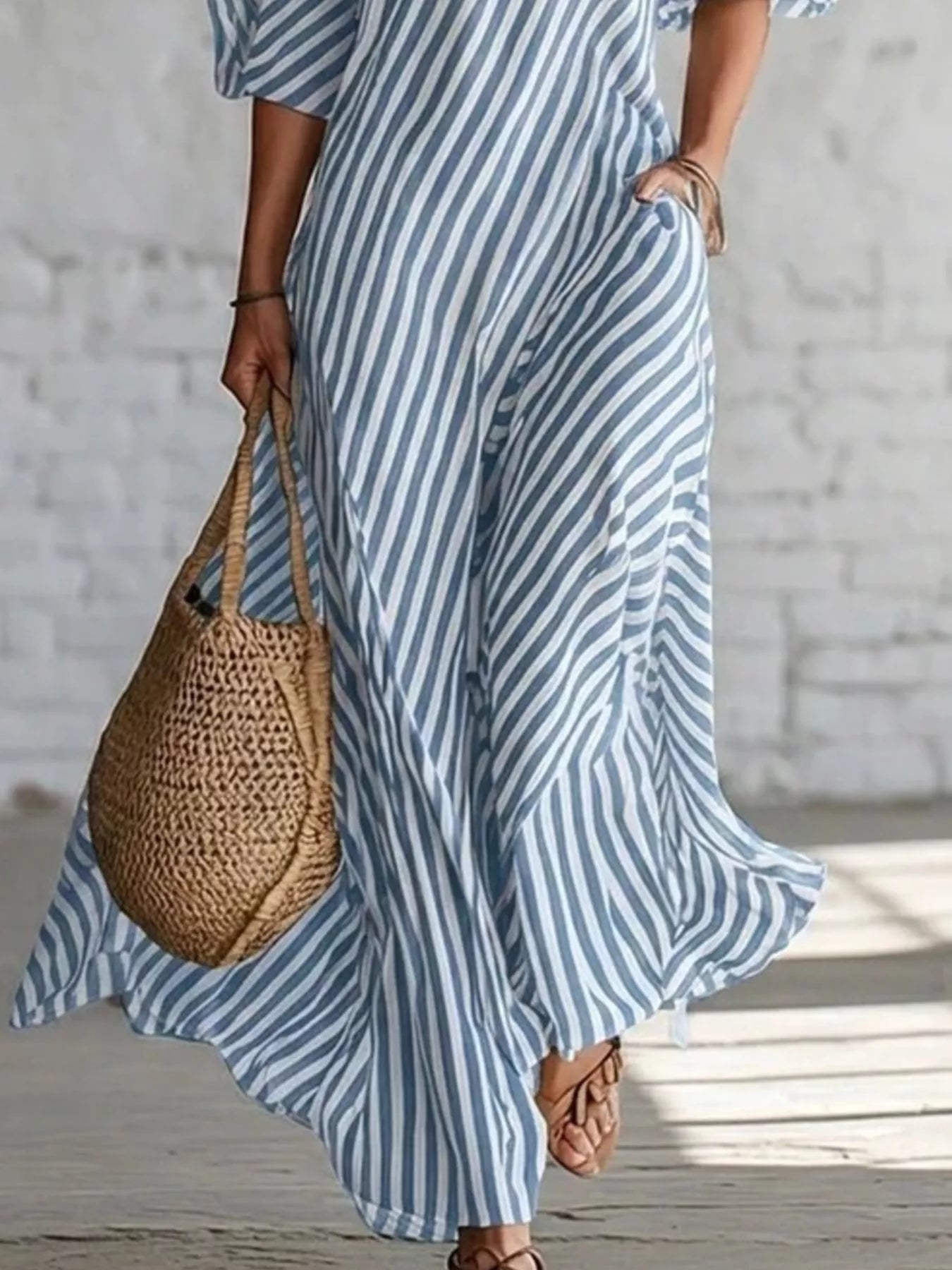 Full Size Striped One-Shoulder Casual Maxi Dress Plus Size