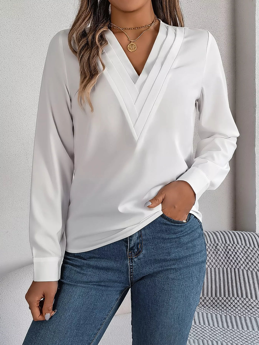 Layered V-Neck Long Sleeve Blouse
