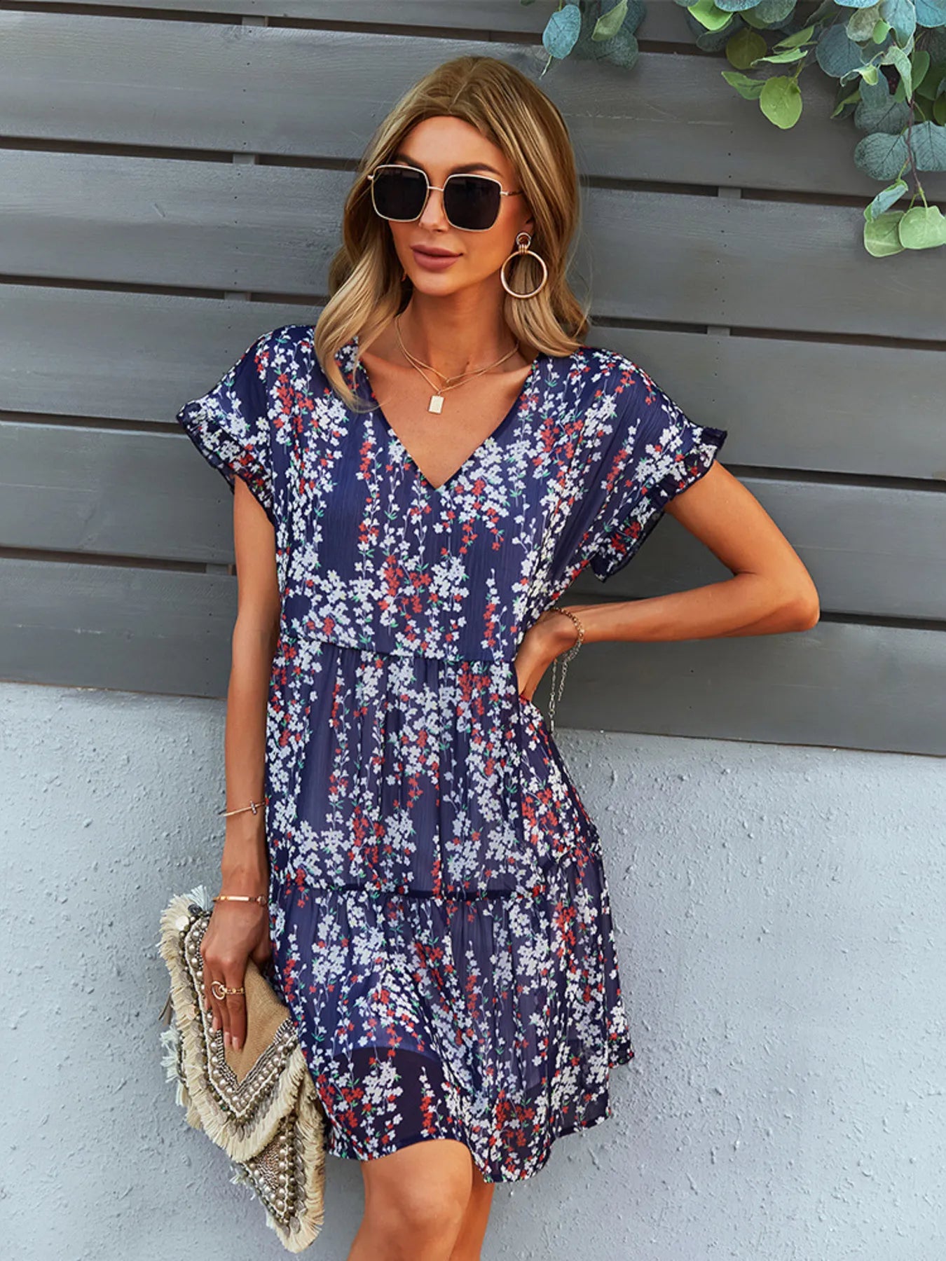 Floral Print V-Neck Ruffle Tiered Summer Mini Dress
