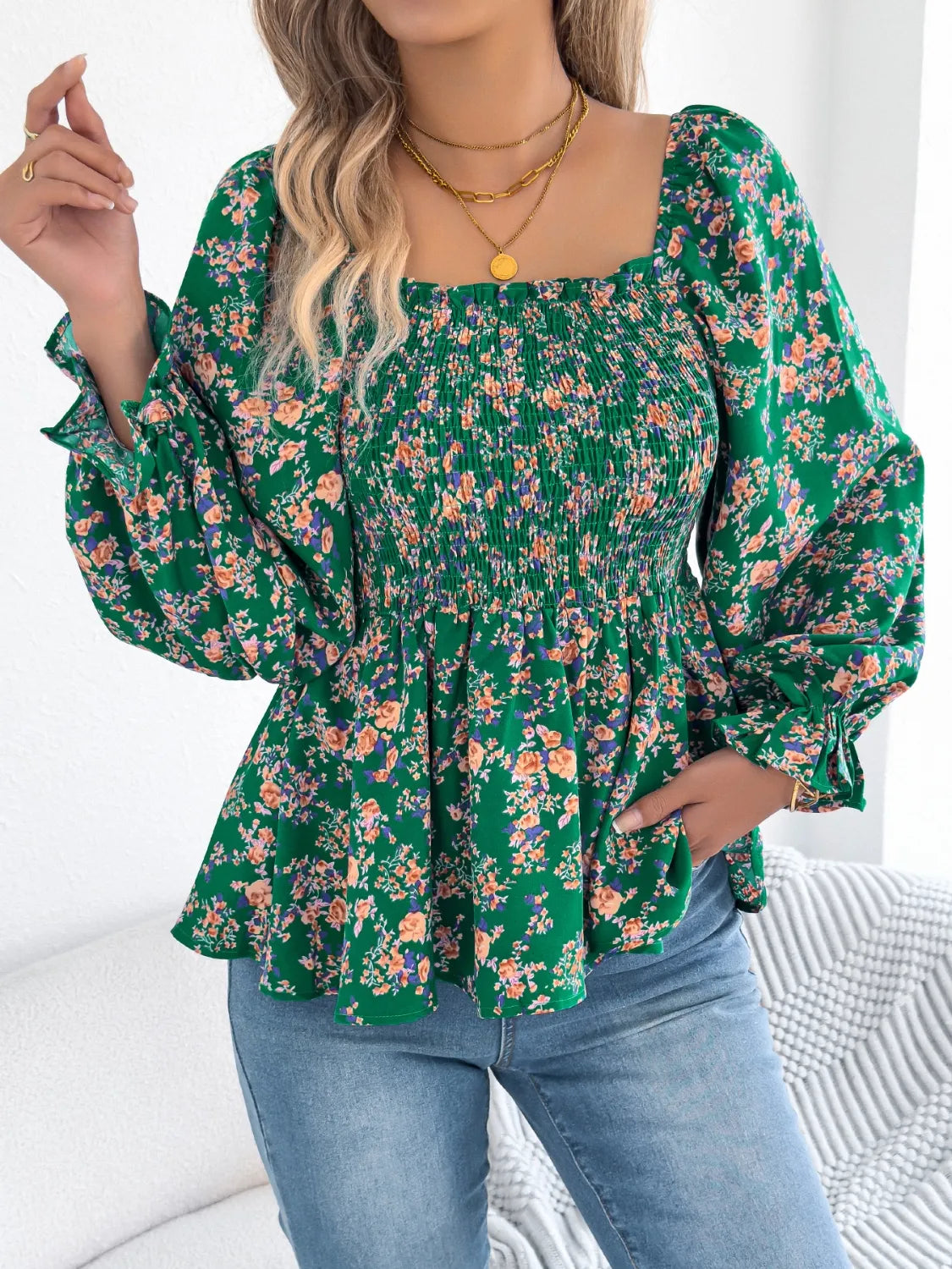 Floral Square Neck Flounce Sleeve Blouse