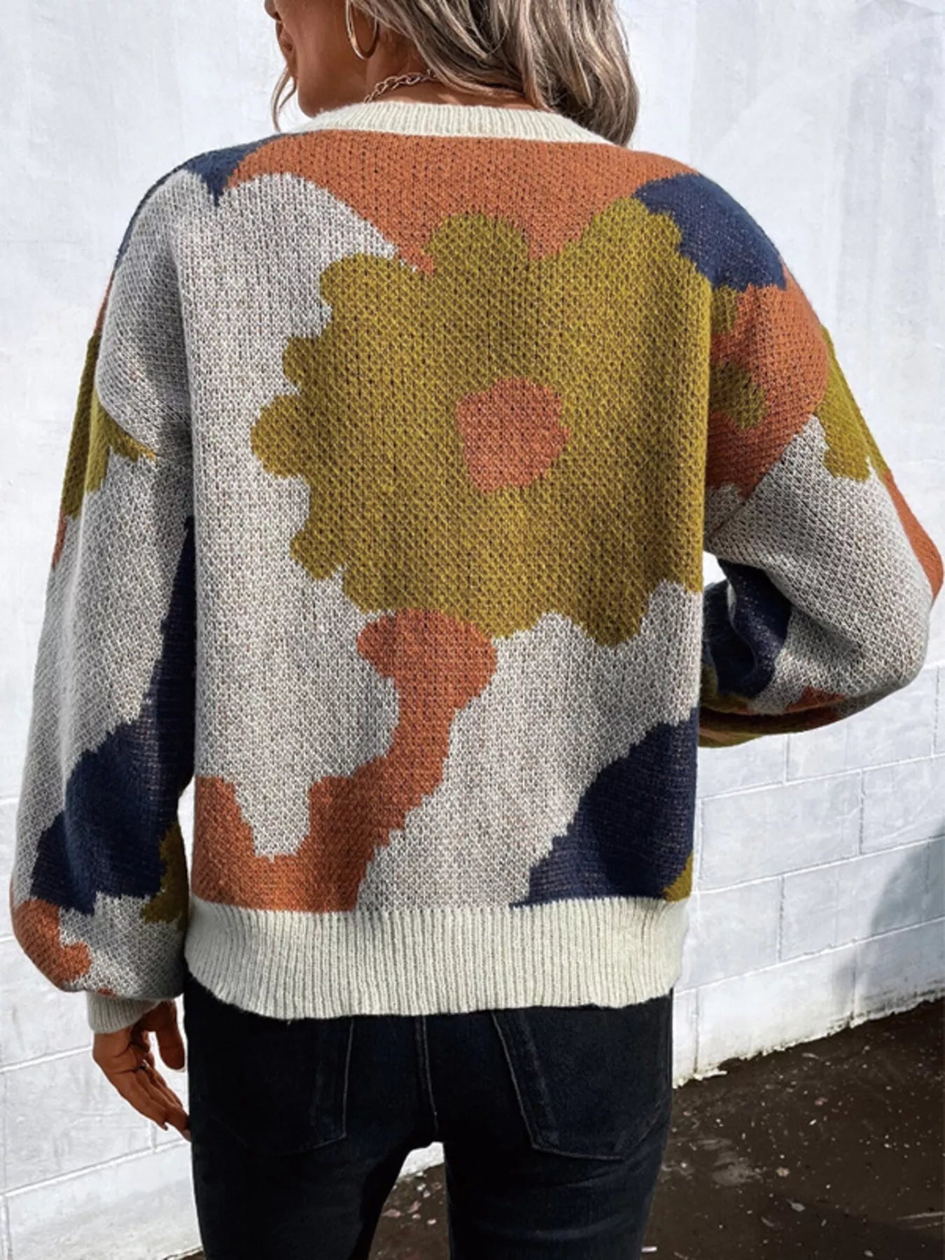 Floral Pattern Round Neck Sweater