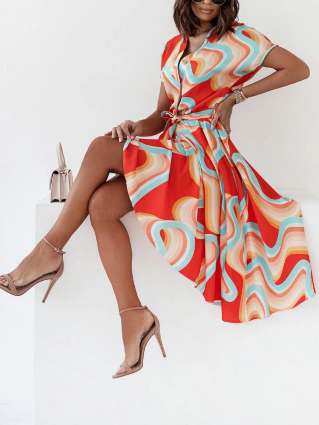 Printed Button Front Midi Dress with Belt
