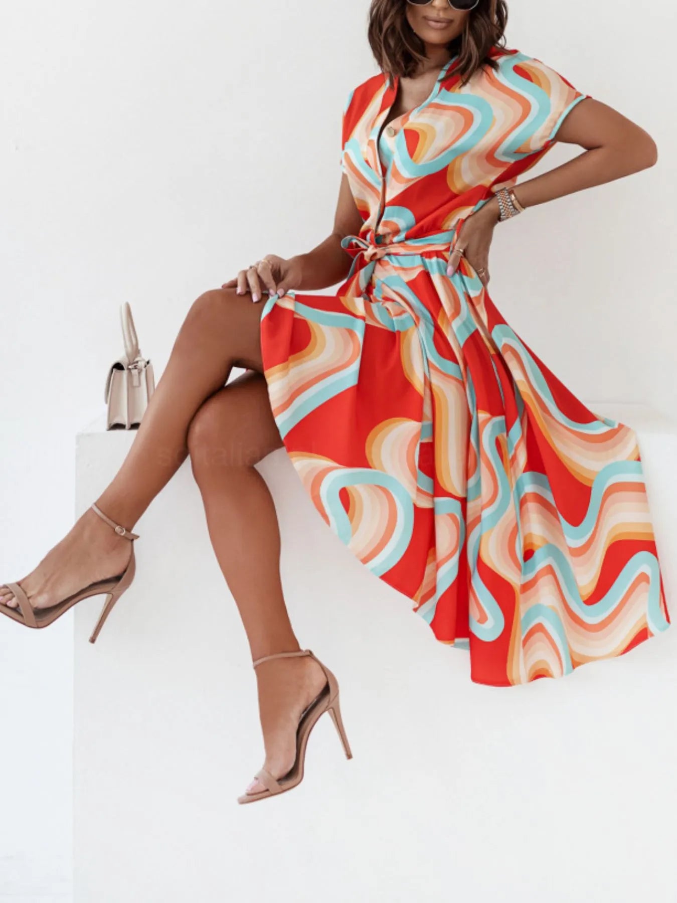 Printed Button Front Midi Dress with Belt