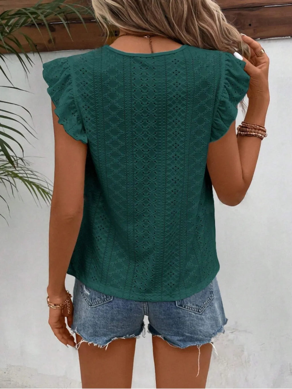 Eyelet Round Neck Cap Sleeve Top