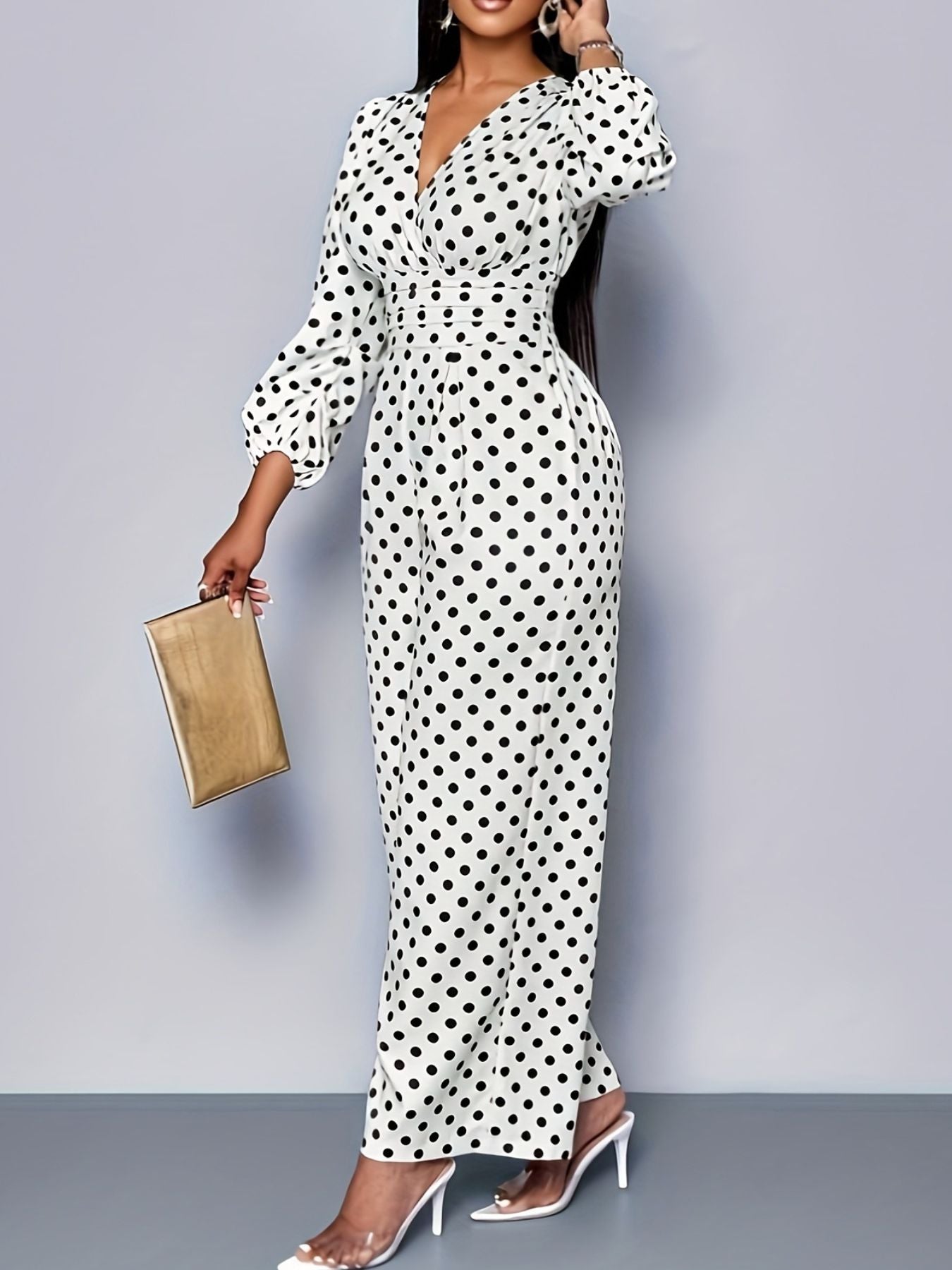 Polka Dot Long Sleeve Wide Leg Jumpsuit