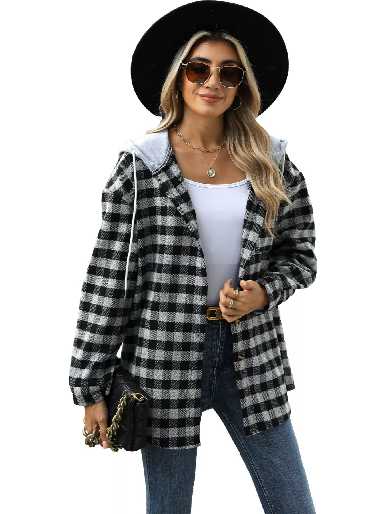 Plaid Button Up Long Sleeve Drawstring Hooded Jacket
