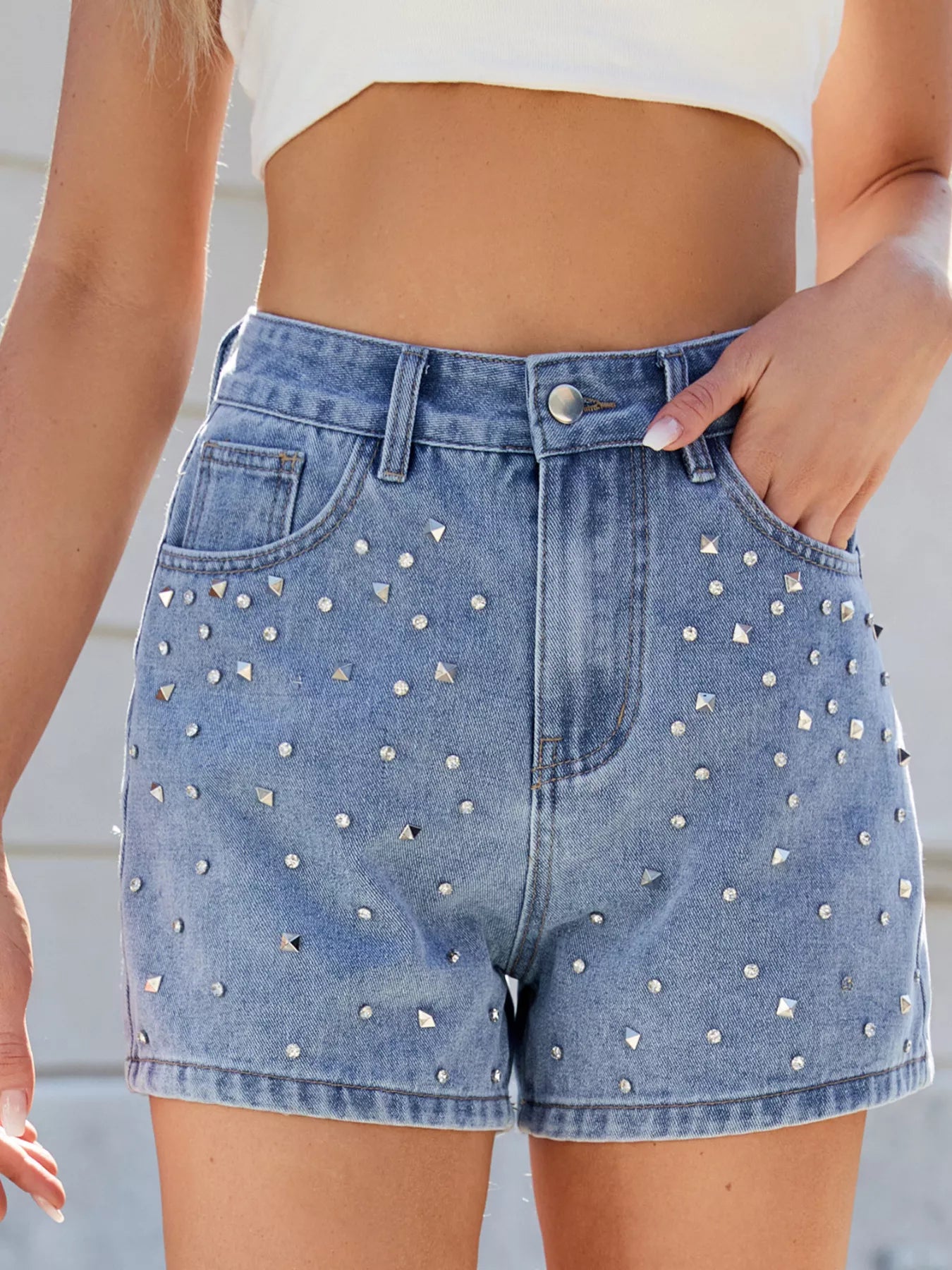 Studded High Waist Denim Shorts