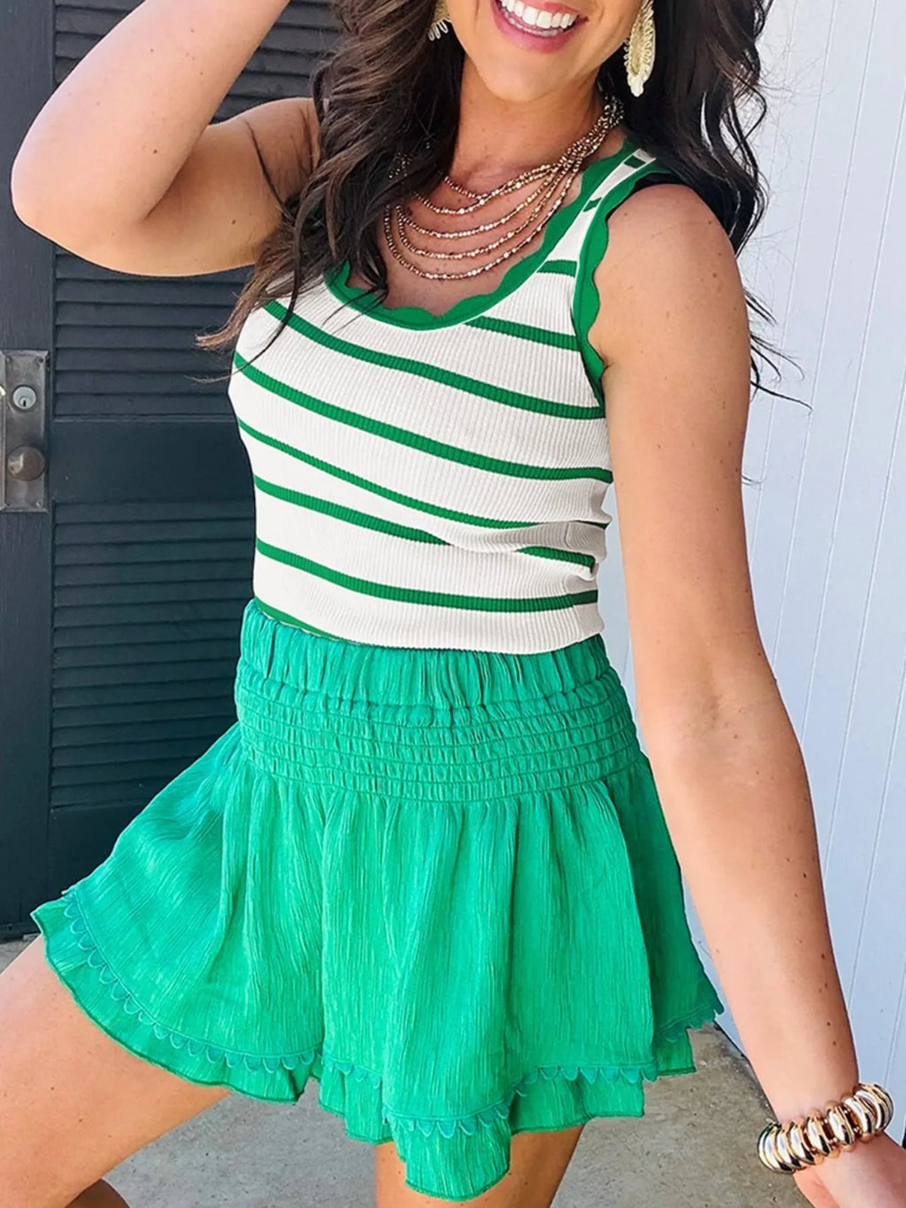 Stripe Scalloped Edge Crew Neck Knit Tank Top