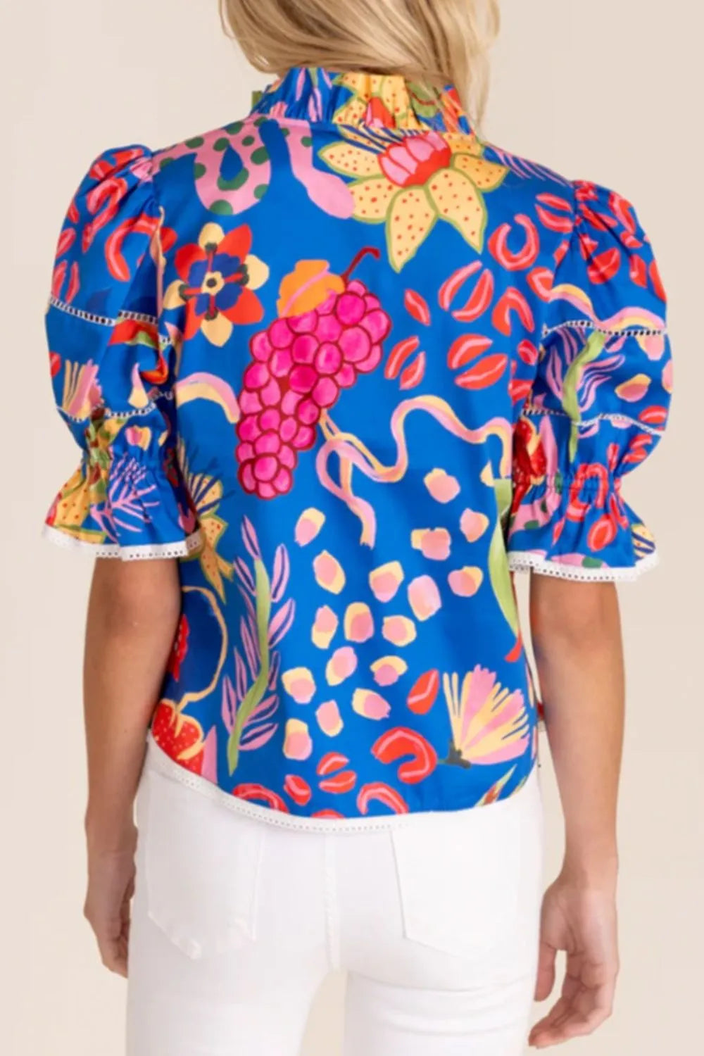 Abstract Print Frilled Collar Ruffled Puff Short Sleeve Top