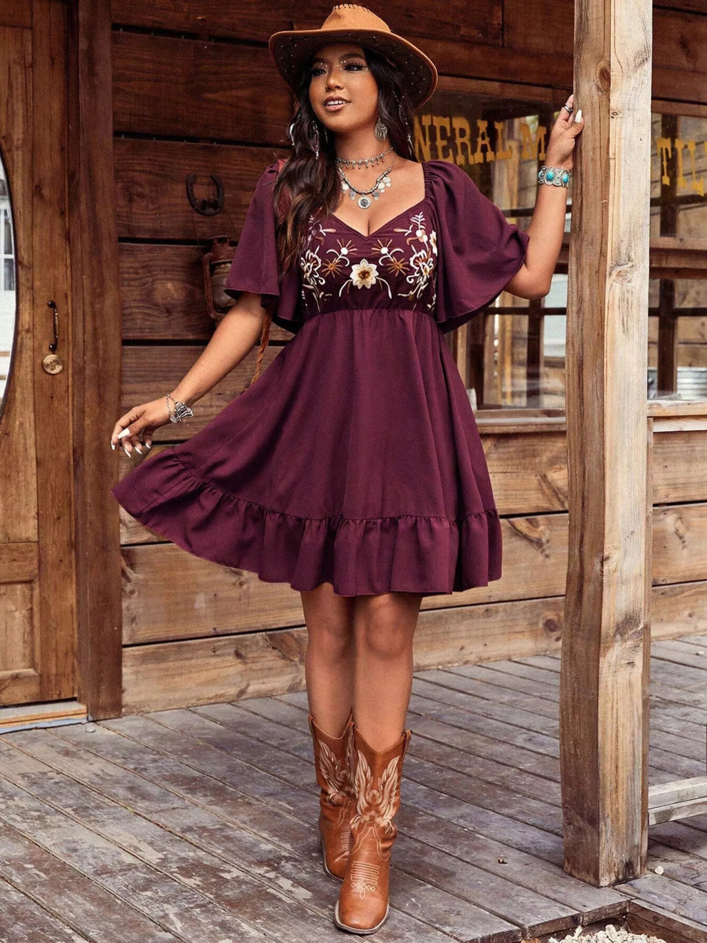 Embroidered Flutter Sleeve Mini Dress