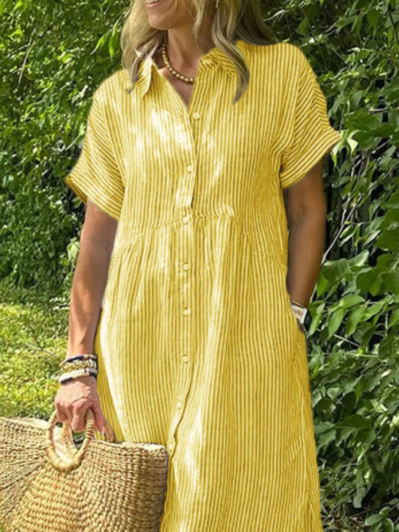 Full Size Striped Button-Front Midi Dress Plus Size