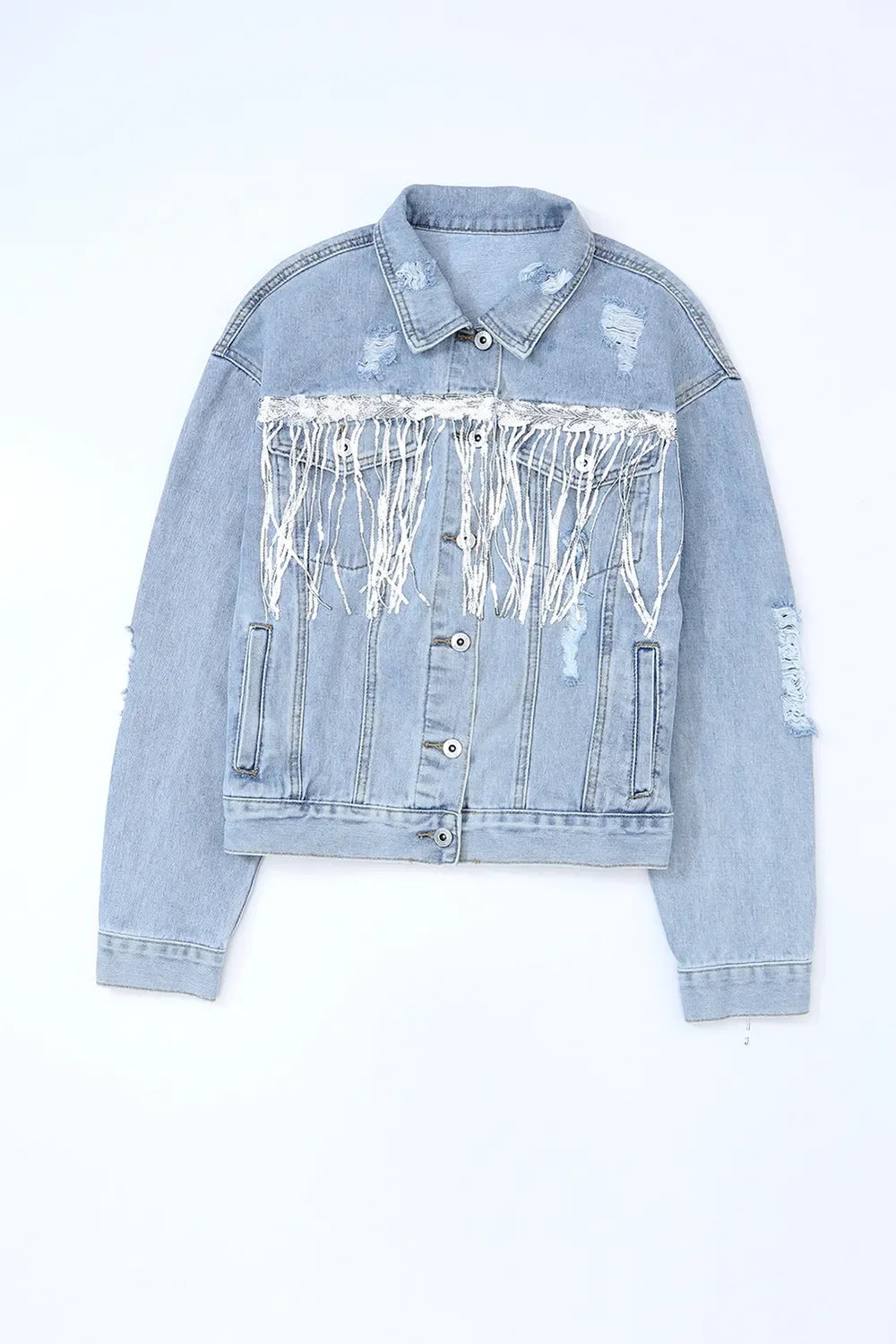 Sequin Fringe Trim Distressed Button Up Denim Jacket