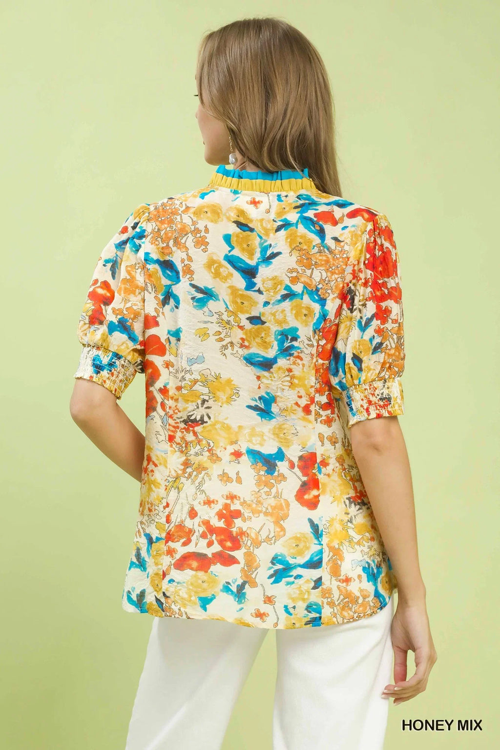 Umgee Floral Contrast Pleat Neck Top