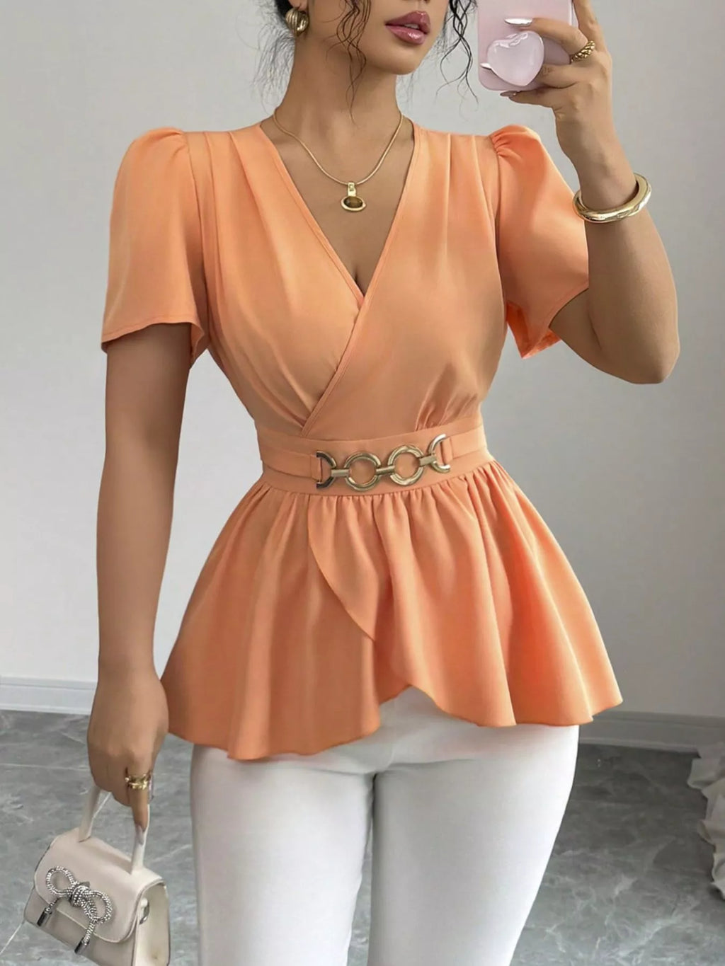 Surplice Short Sleeve Blouse
