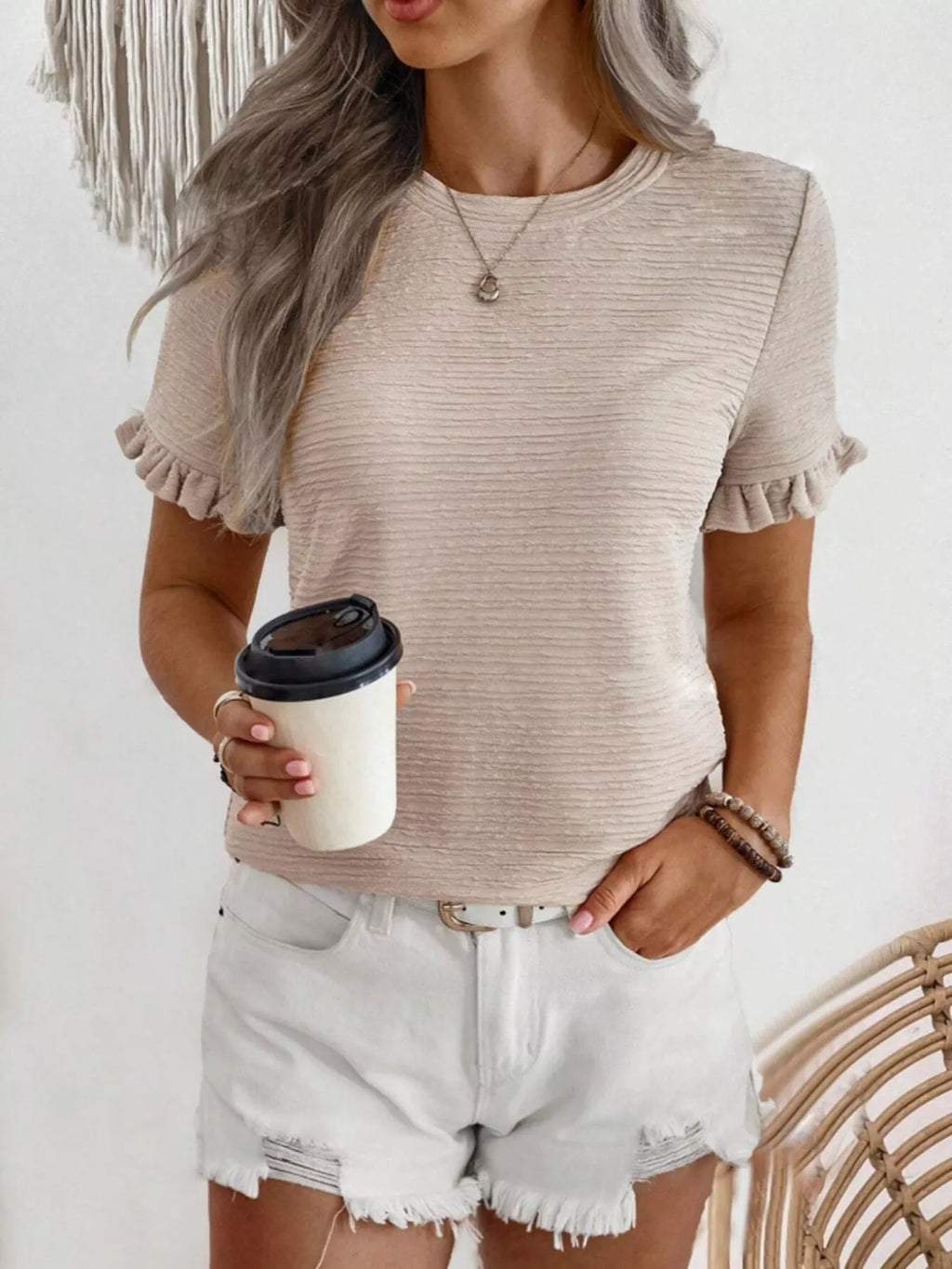 Textured Ruffle Sleeve Round Neck T-Shirt
