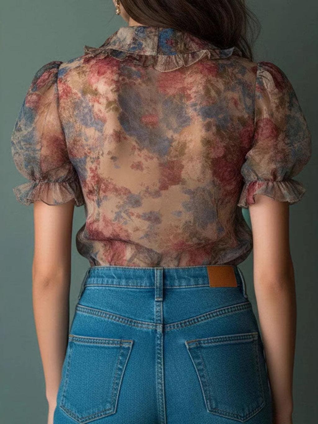 Floral Print Ruffle Trim Blouse