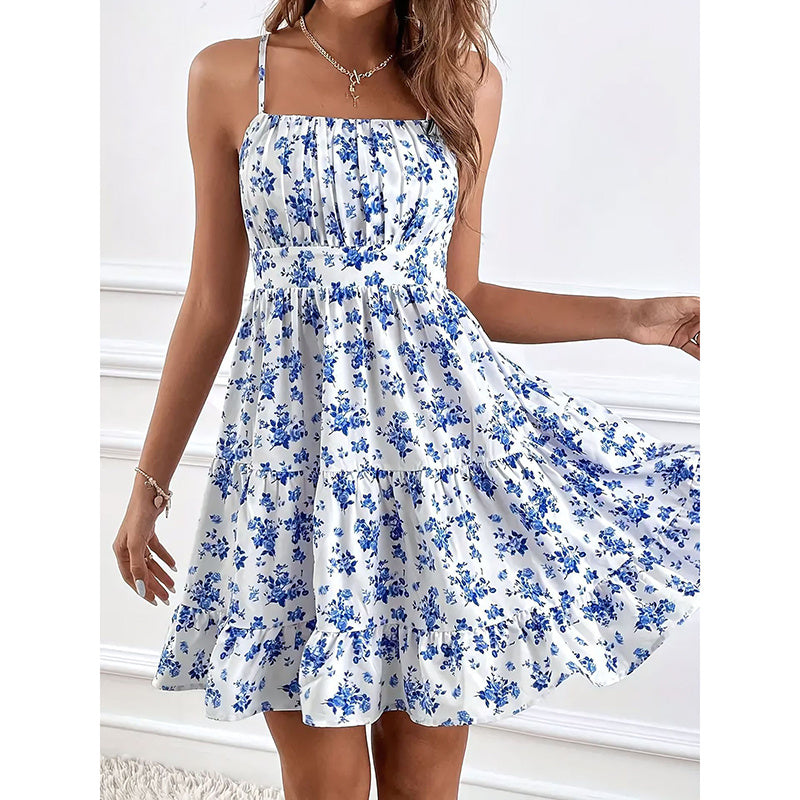 Floral Print Smocked Mini Dress Spaghetti Strap Slim Fit Flowy Dresses