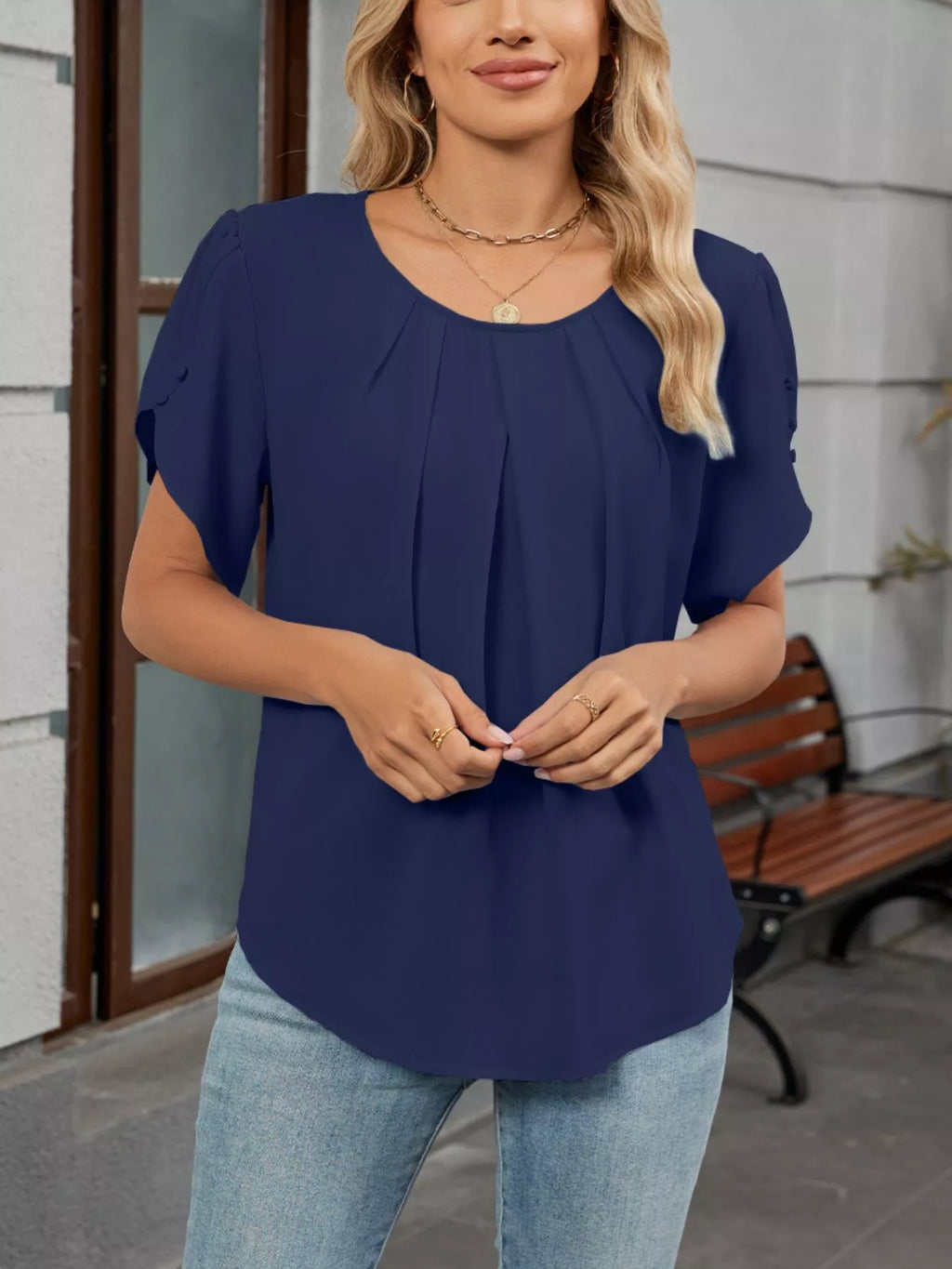 Elegant Pleated Flowy Short Sleeve Blouse