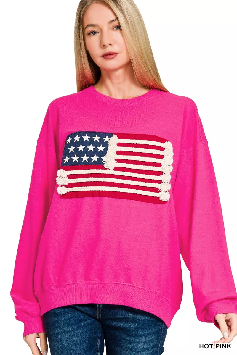 Zenana French Terry American Flag Pullover