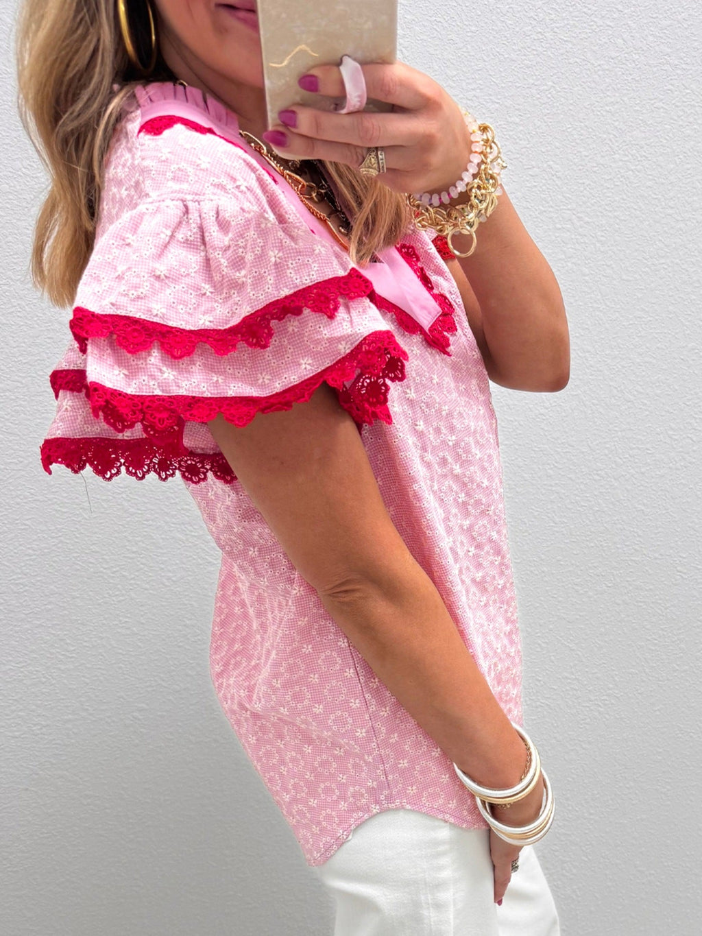 Eyelet Embroidered Flower Texture Contrast Lace Trim Flutter Sleeve Blouse