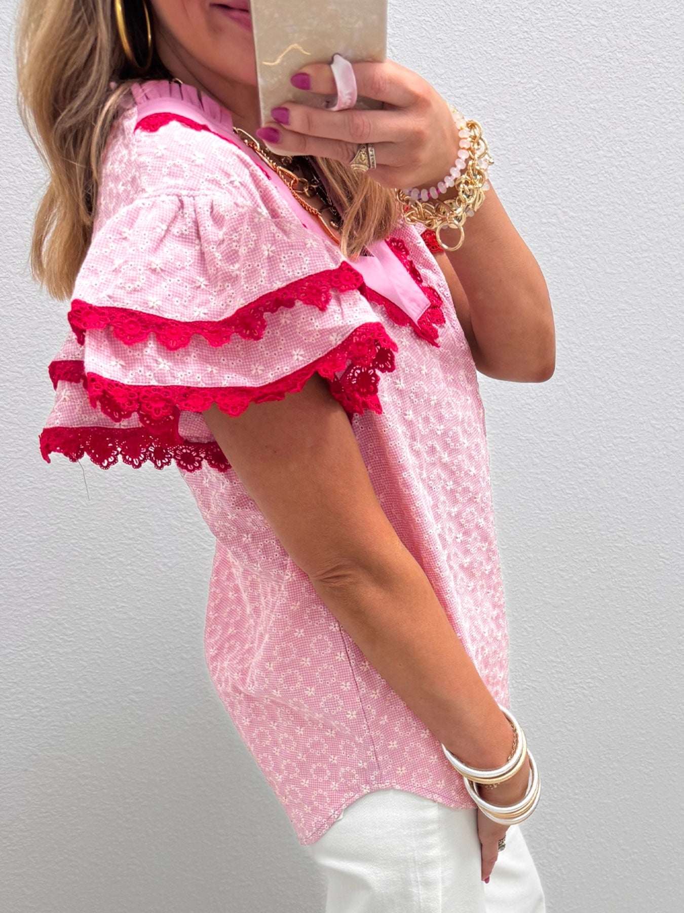Eyelet Embroidered Flower Texture Contrast Lace Trim Flutter Sleeve Blouse