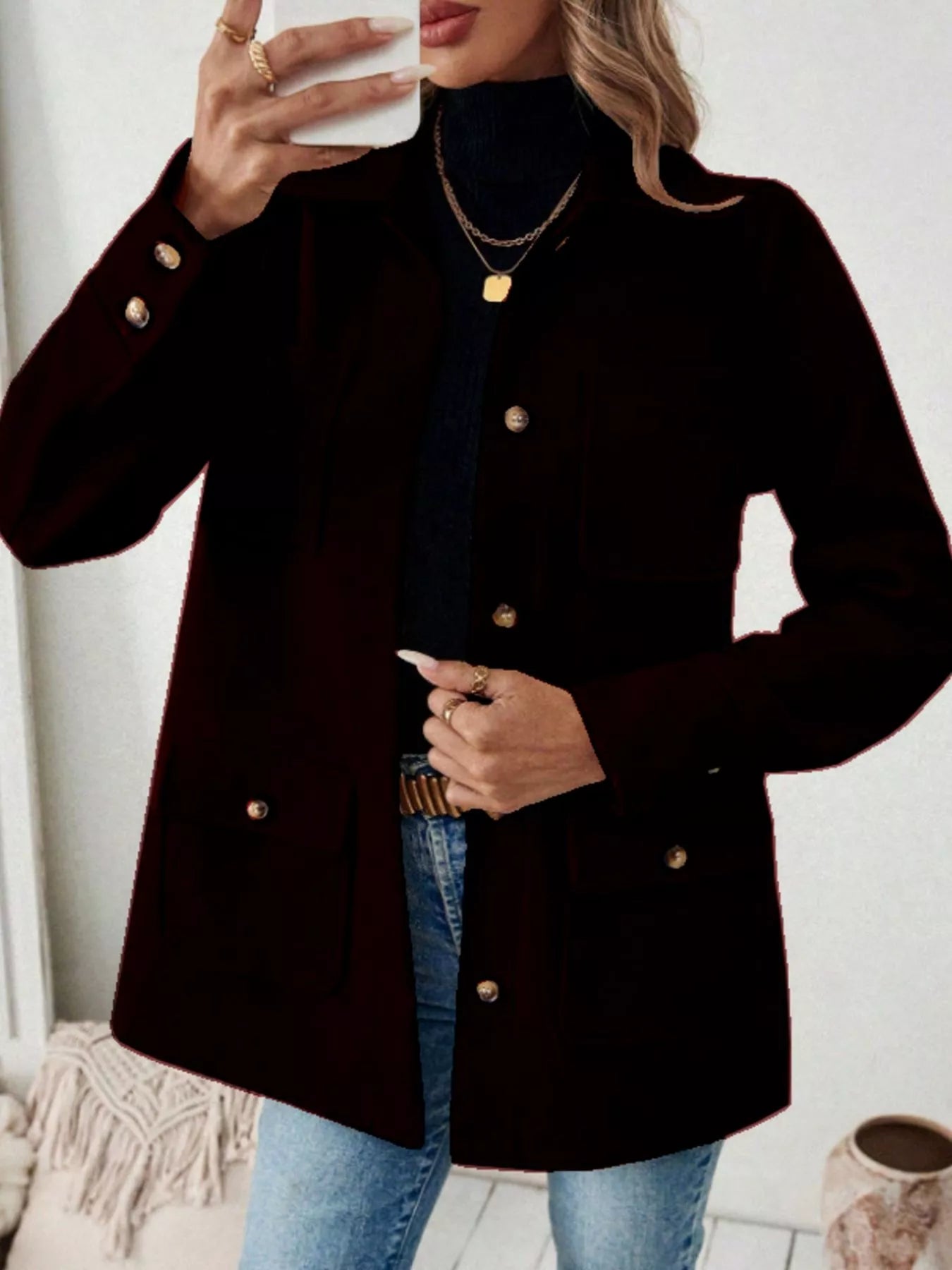 Button-Front Pocketed Long Sleeve Outerwear