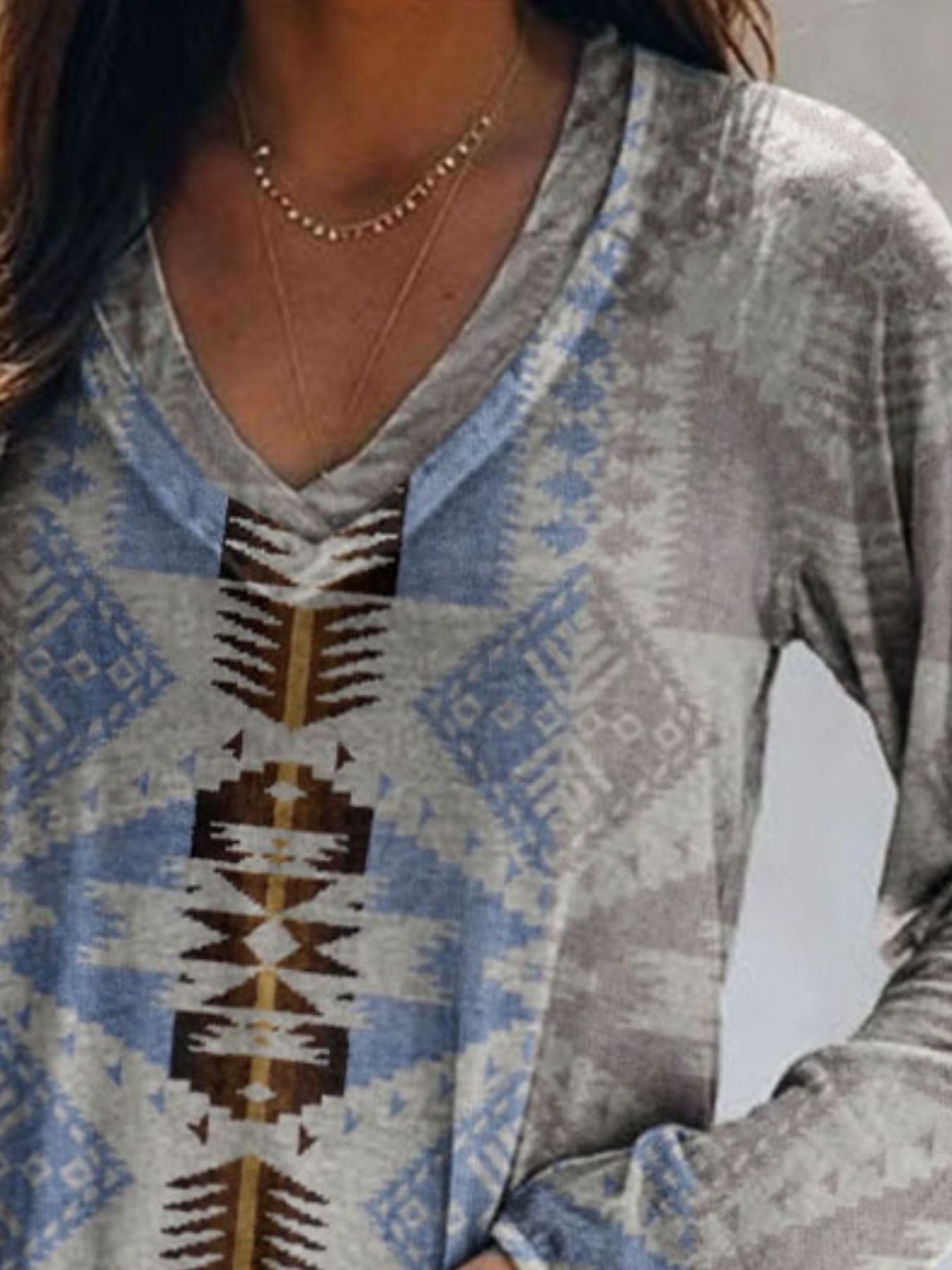 Full Size Geometric V-Neck Long Sleeve T-Shirt Plus Size