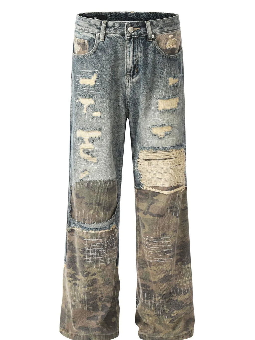 Men's Distressed Camouflage Patchwork Jeans