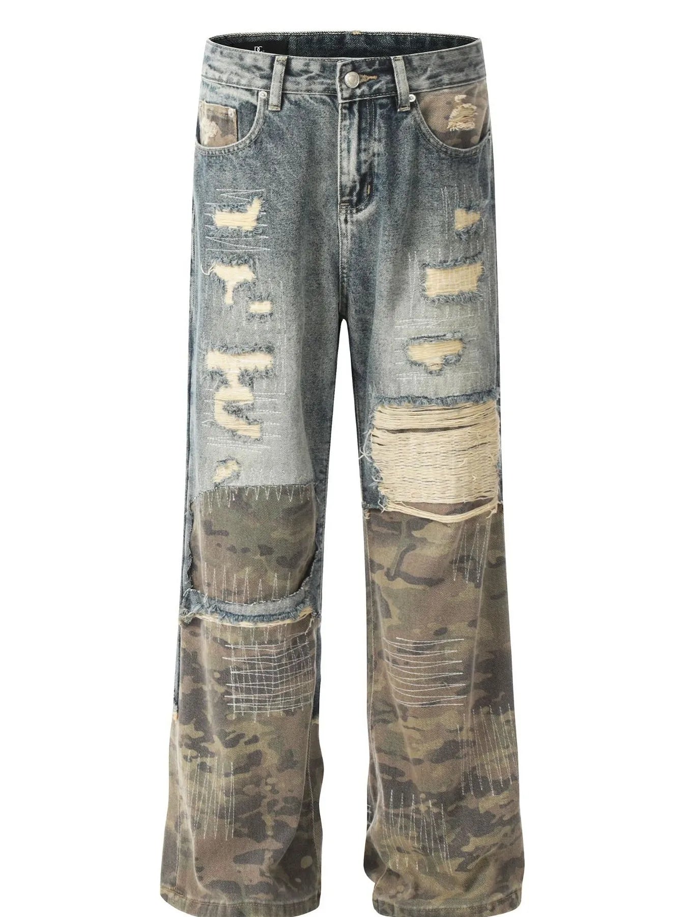 Men's Distressed Camouflage Patchwork Jeans