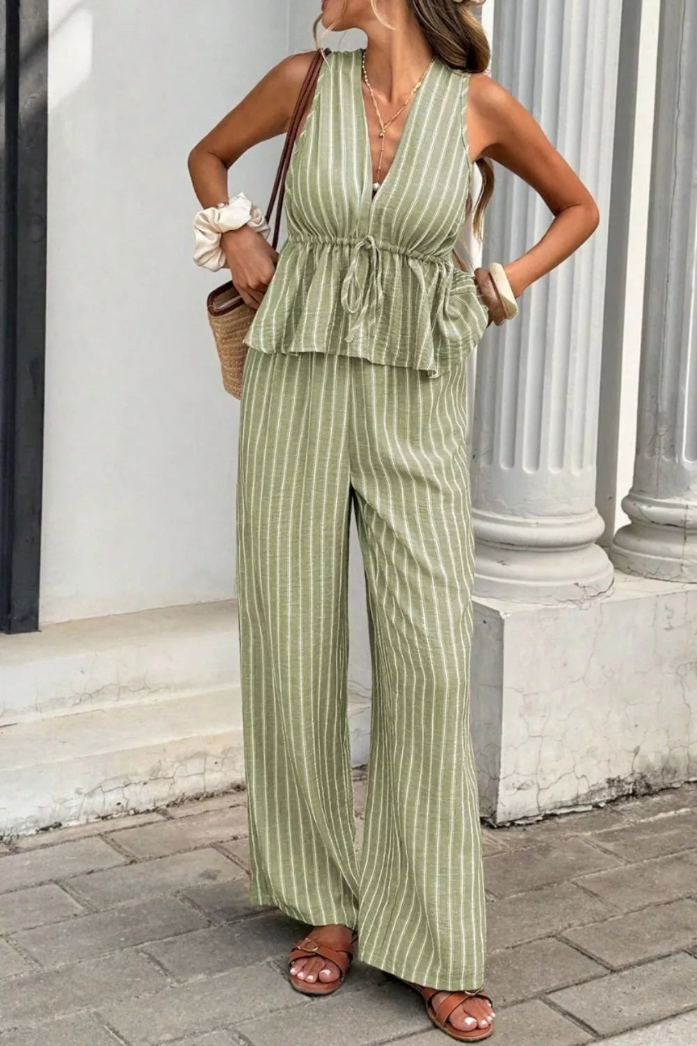 Striped Sleeveless Top and Wide Leg Pants Set