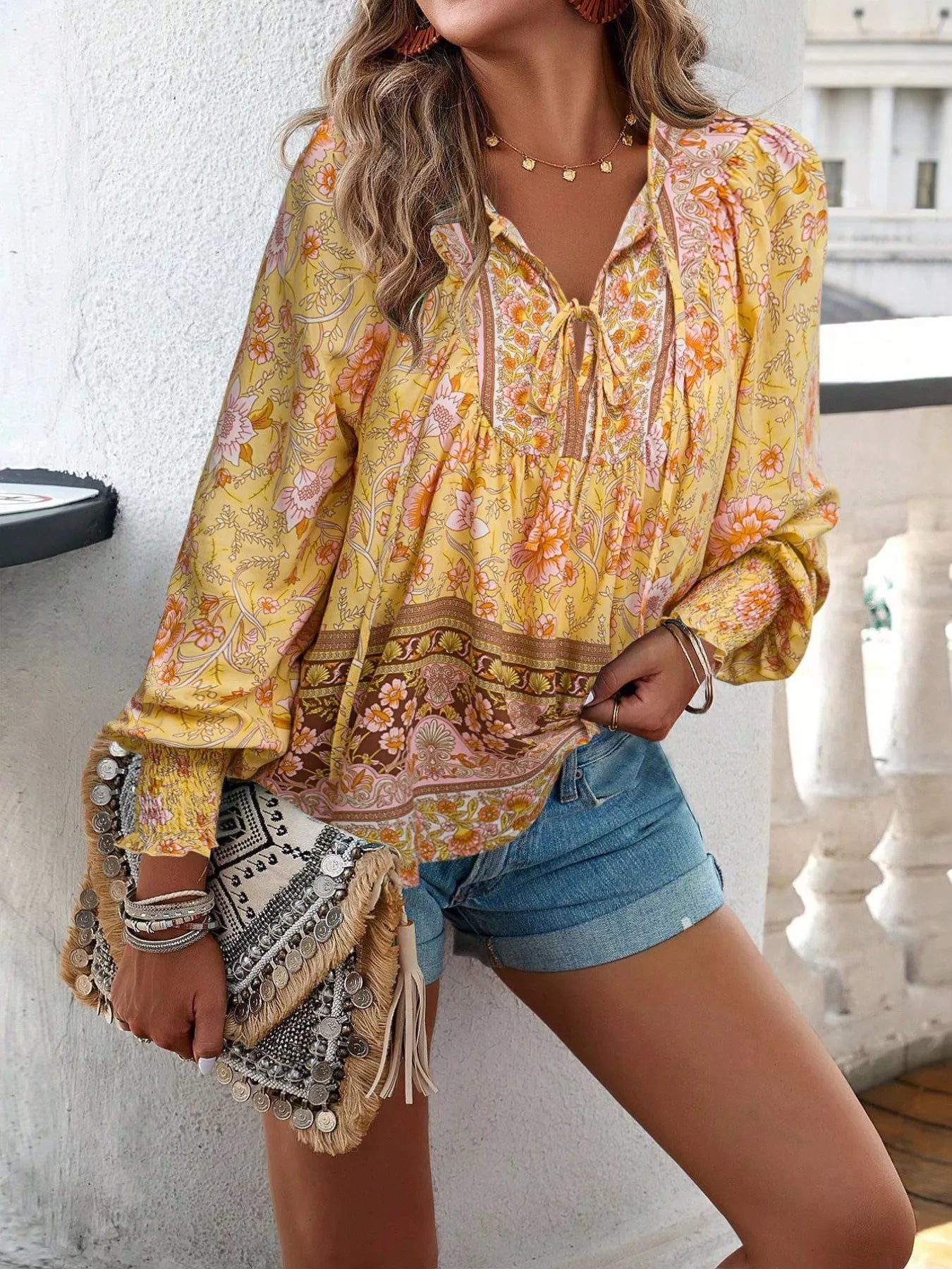 Floral Print Tie Neck Bohemian Blouse
