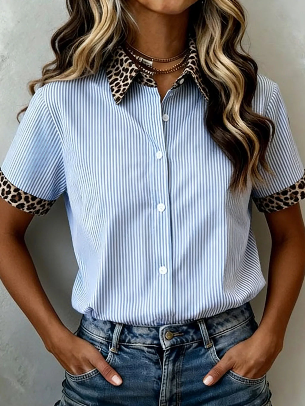 Stripe Leopard Contrast Collar Short Sleeve Shirt