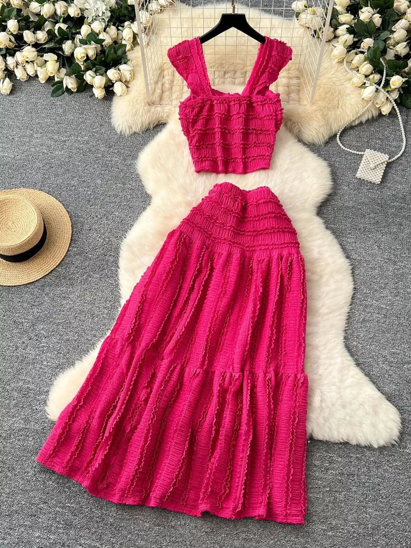 Textured Crop Top and Tiered Skirt Set