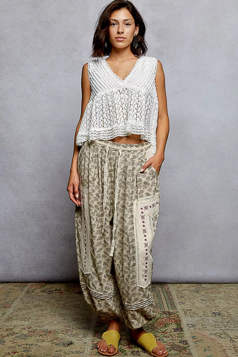 POL Textured Lace Cropped Tank with Trim Detail