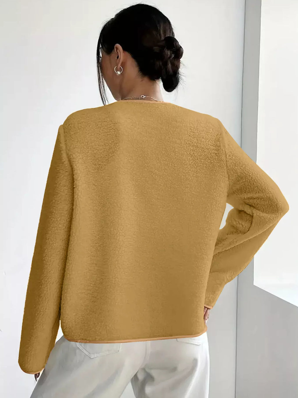 Full Size Textured Button-Up Fleece Outerwear Plus Size