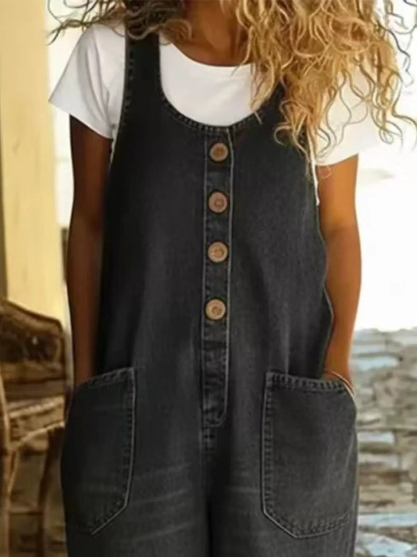 Full Size Button Detail Wide Strap Jumpsuit Plus Size