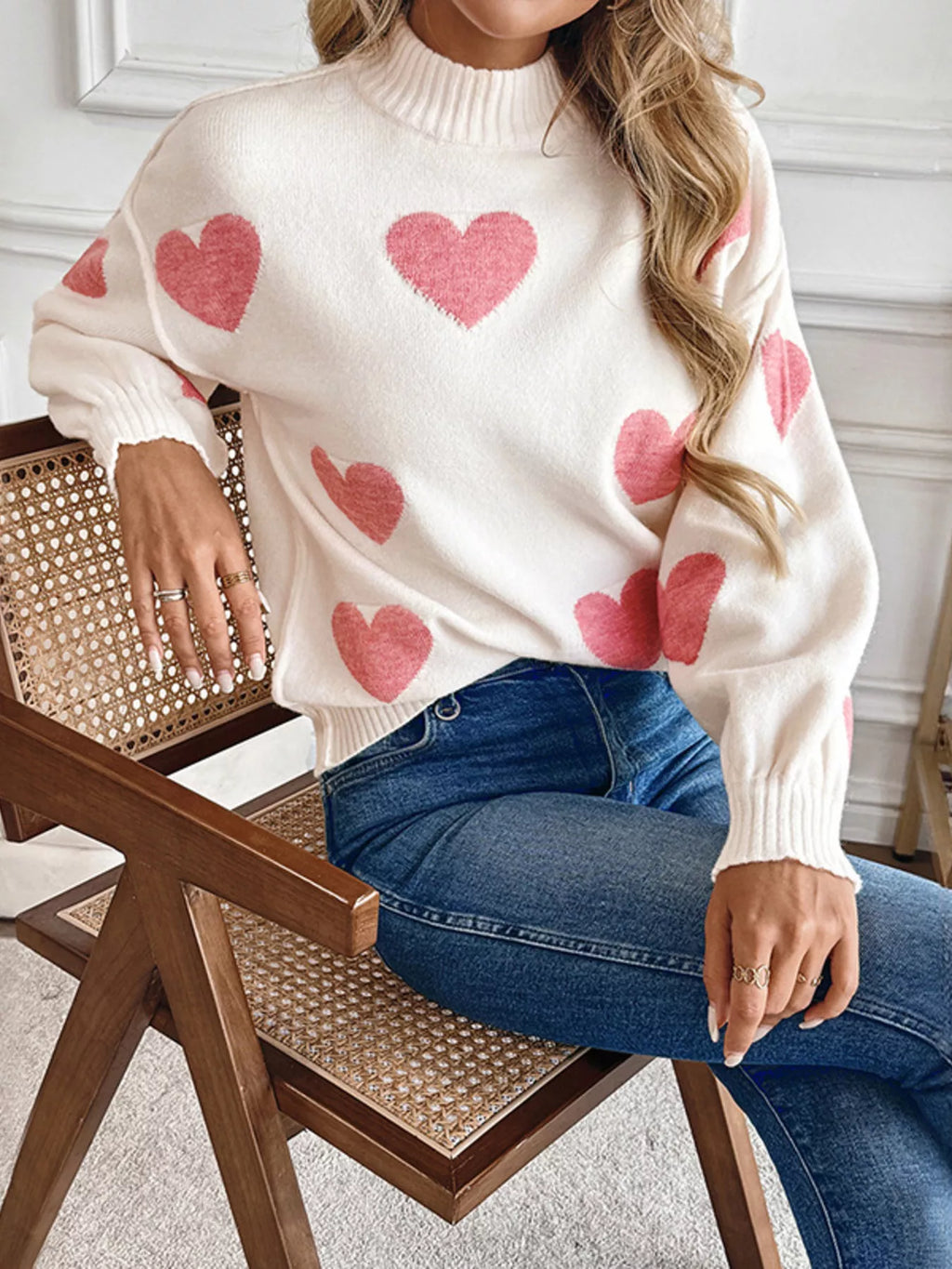 Heart Mock Neck Long Sleeve Sweater