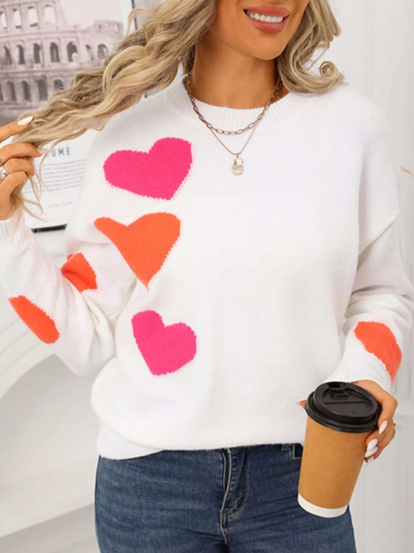 Valentine's Day Heart Pattern Round Neck Sweater