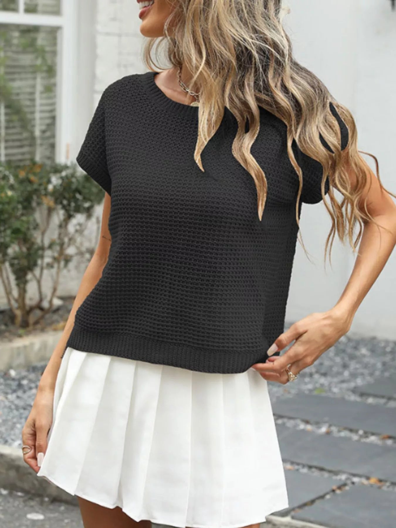 Round Neck Waffle Knit Top