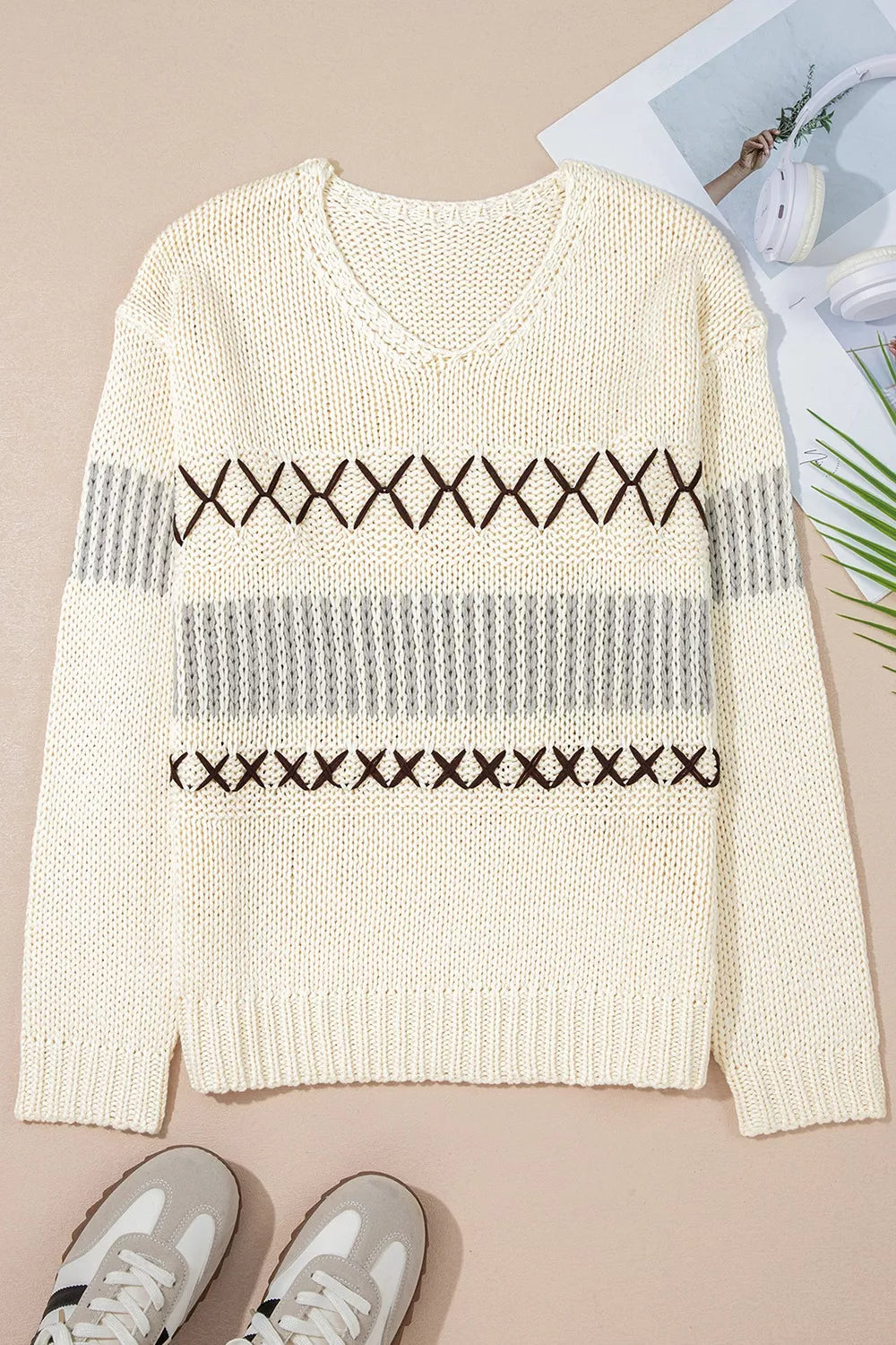 V-Neck Knit Long Sleeve Sweater