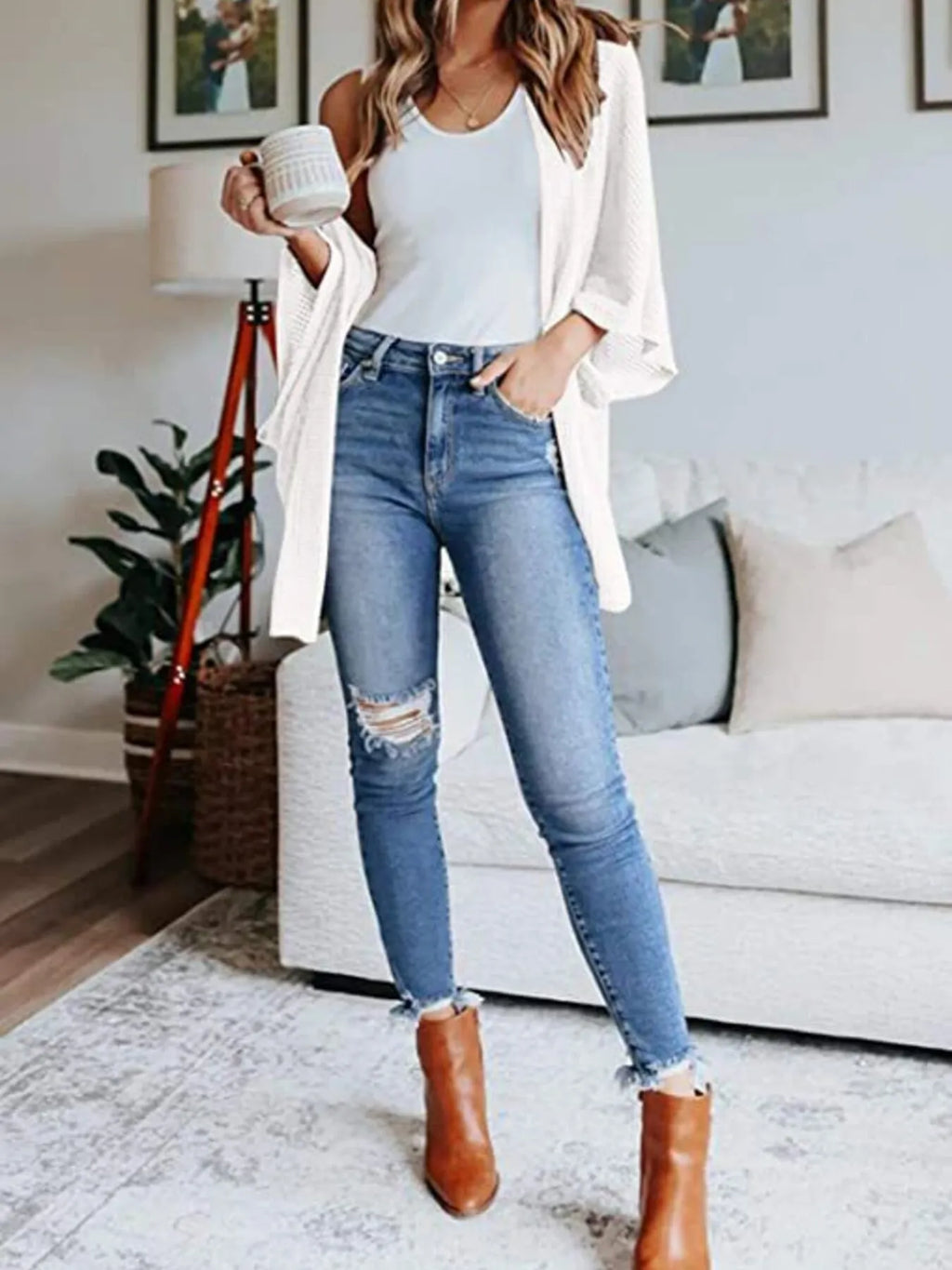 Full Size Open Front Waffle Knit Cardigan Plus Size