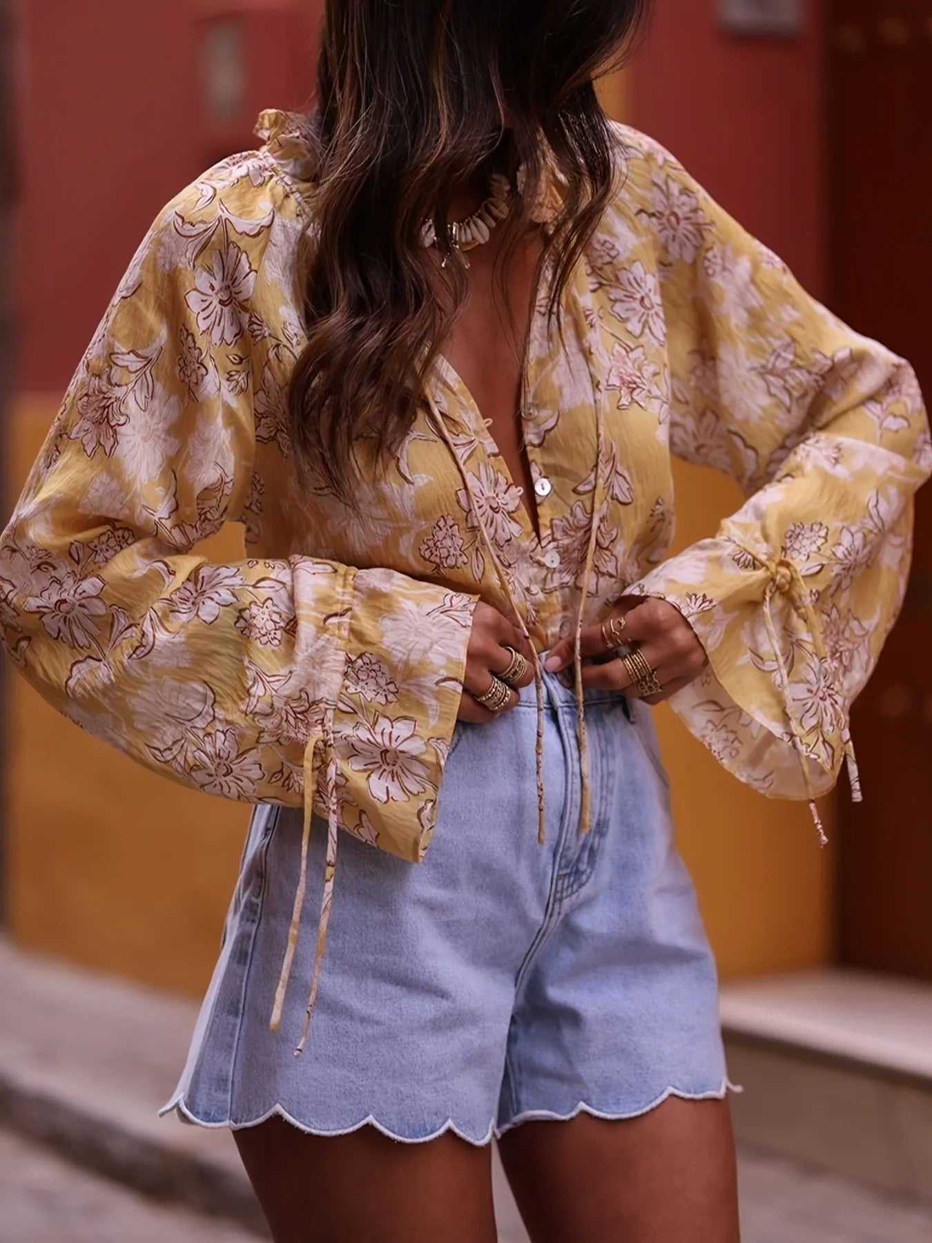 Printed Tie Neck Flounce Sleeve Blouse